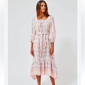 Lisa Marie Fernandez Linen Laure Madres Multi Plaid‎ Gauze Midi Dress sz 0